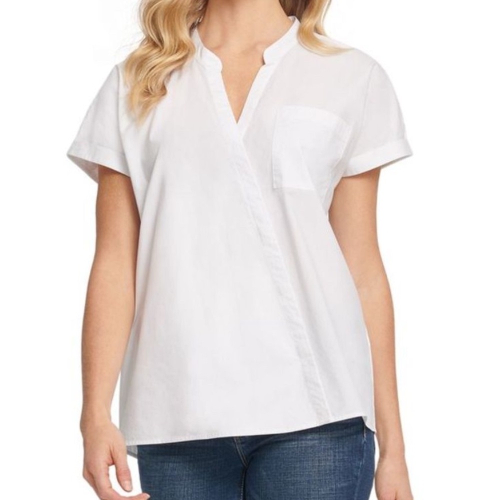 DKNY White Relaxed Button Down Linen Top with Mandarin Collar NWT